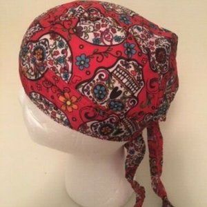 NWT RED SUGAR SKULL & FLOWERS CAP~DOO RAG~HAT~BIKER